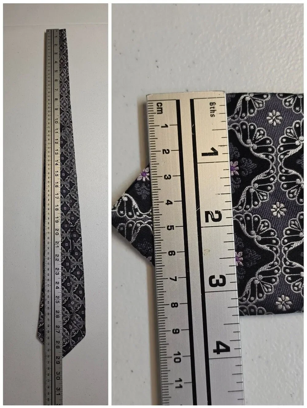 Ike Behar Men's Black Gray Patterned Silk Tie with Subtle Purple Accent Necktie